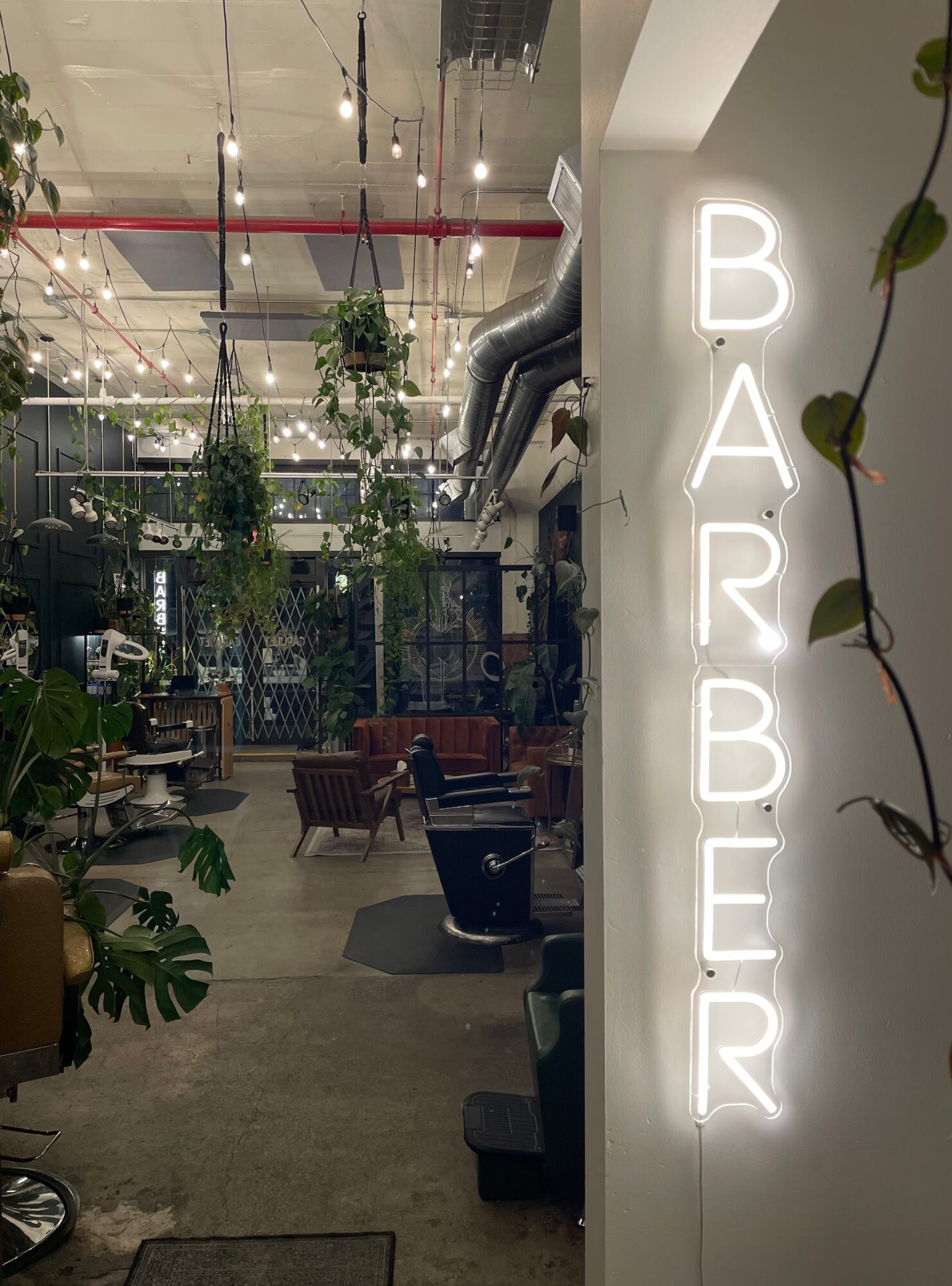 Neon sign spelling 'BARBER' on a wall inside a modern, well-lit interior with plants and seating.