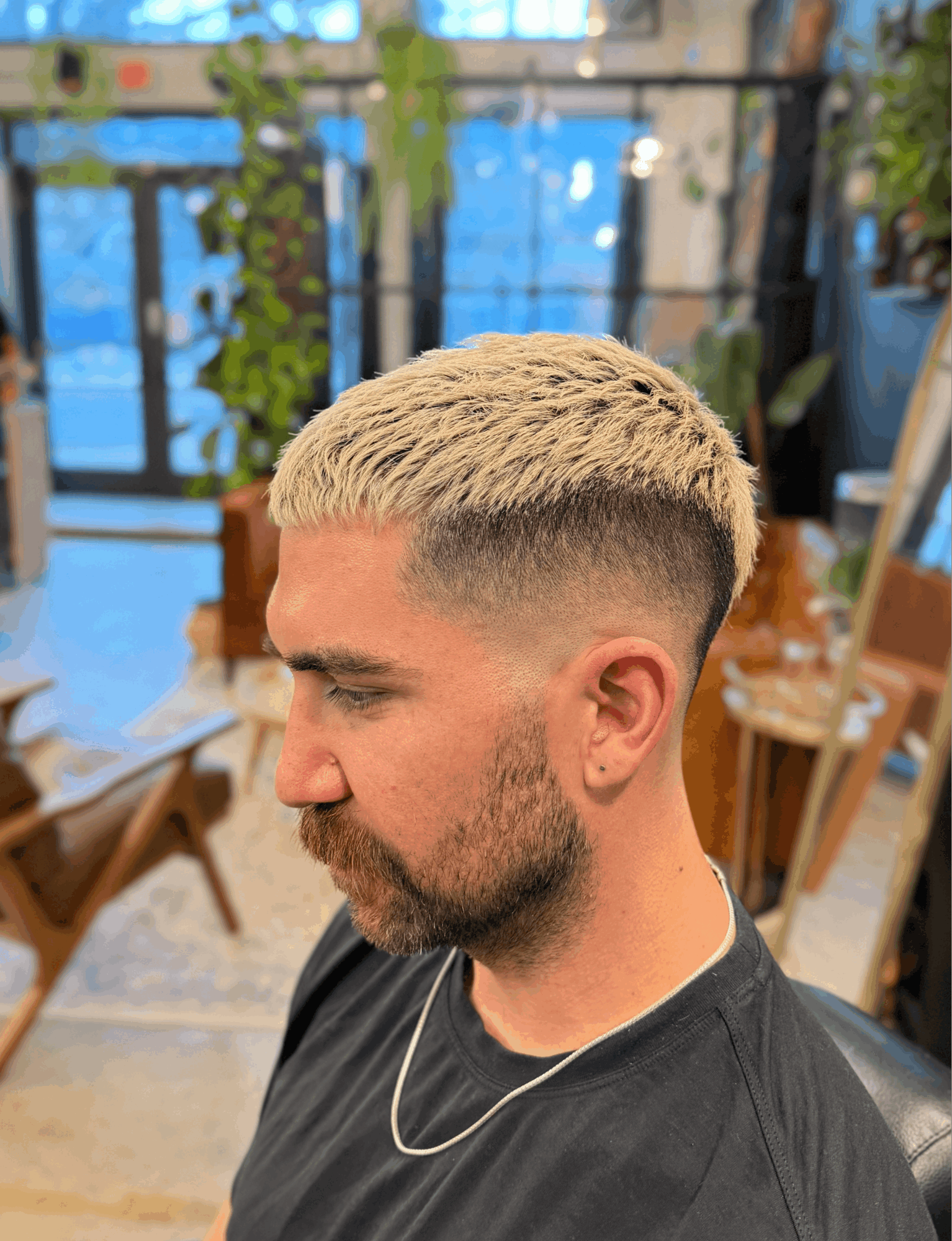 Side profile of a man with short, bleached blonde hair and a beard, sitting indoors with plants and furniture in background.