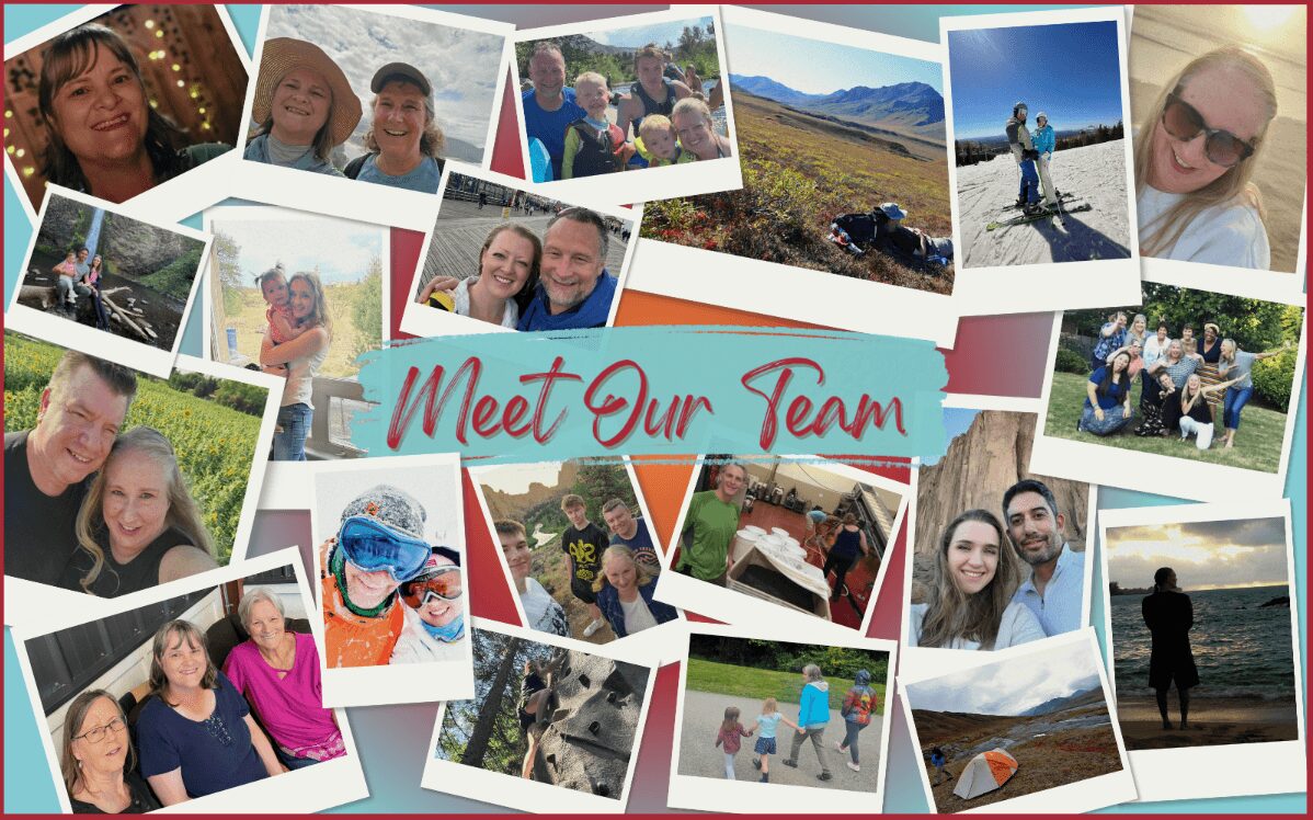 Collage of various outdoor and group photos with a central text saying 'Meet Our Team'.