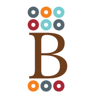 Logo with a large brown letter B and colorful circles above and below, on a white background.