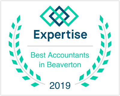 Award badge with geometric logo, text 'Expertise', 'Best Accountants in Beaverton', and year 2019, surrounded by laurel branches.
