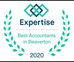 Logo with interconnected squares, text 'Expertise', 'Best Accountants in Beaverton', and year 2020, surrounded by laurel branches.