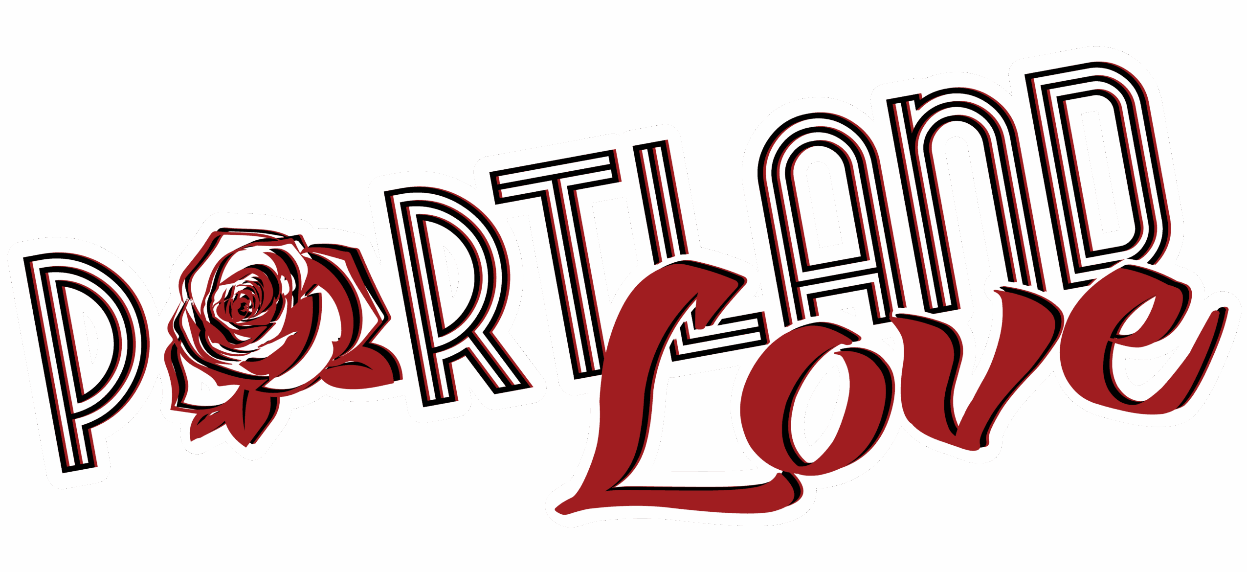 Portland Love text with a rose and a heart, black background, stylized font, and decorative elements.