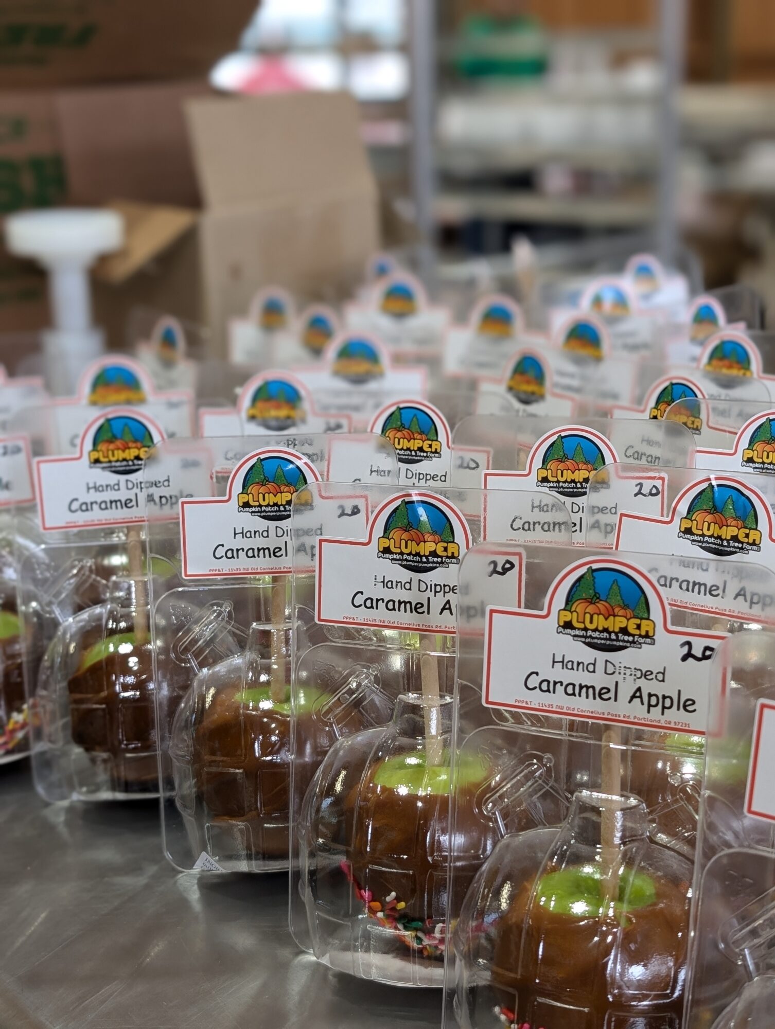 Clear plastic bags with caramel apple treats and labels in a storage area, shelves and boxes in the background.