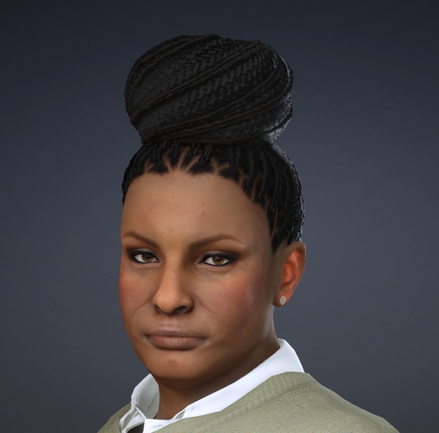 Portrait of a woman with braided hair styled in a high bun, wearing a white shirt and light-colored sweater, against a dark background.