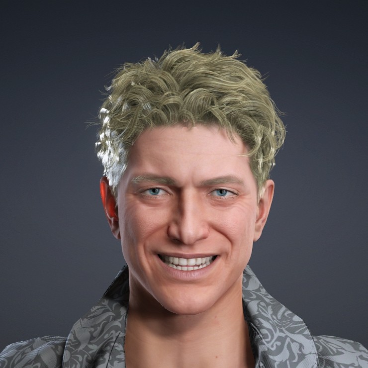 Young man with curly blonde hair smiling, wearing a patterned shirt, dark background