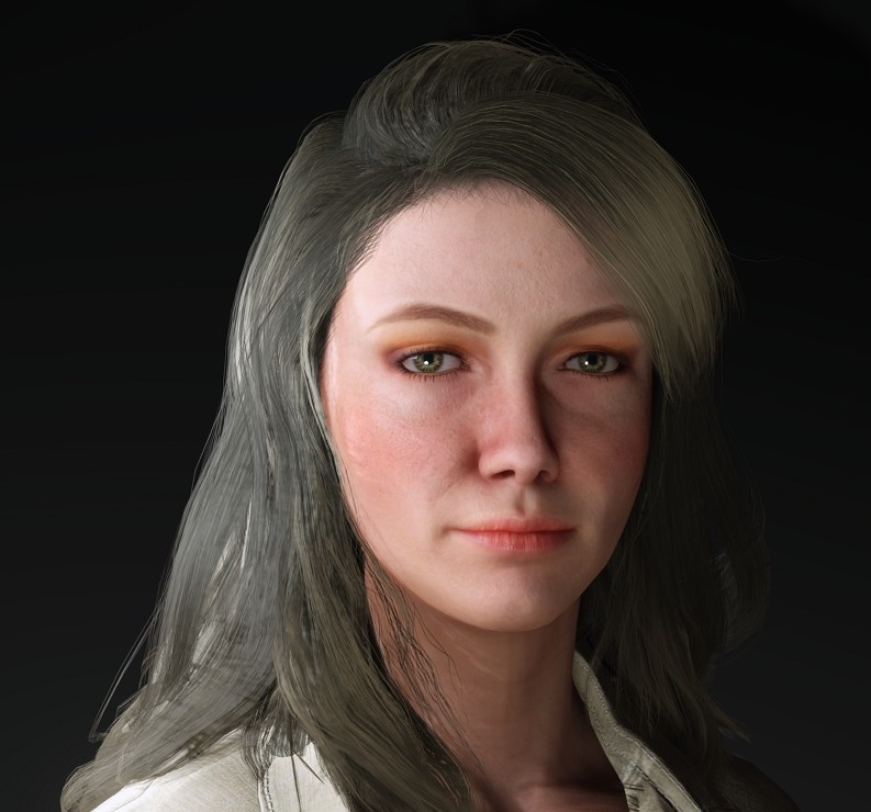 Young woman with long, grayish hair and neutral expression, dark background, facing forward.