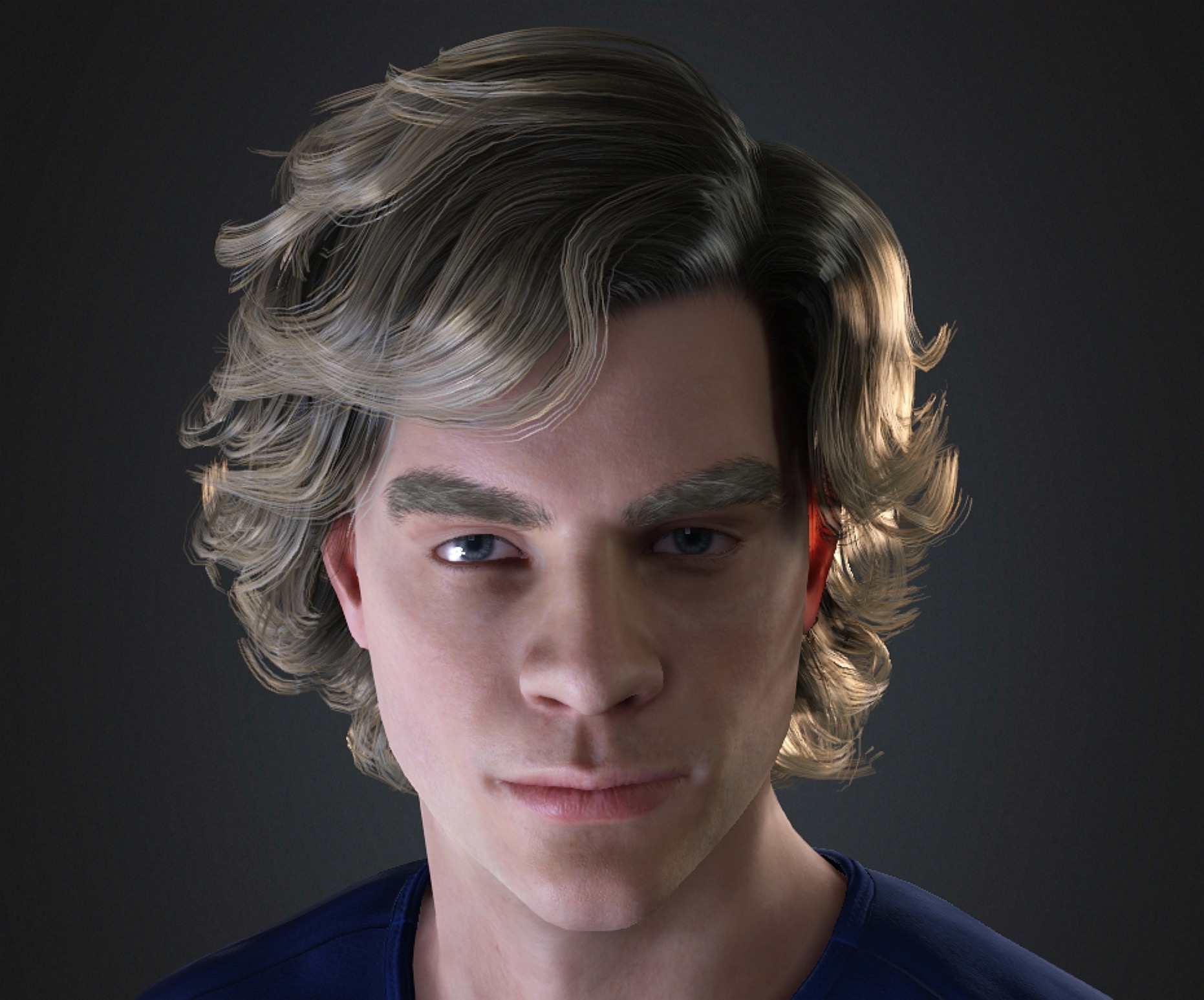 Portrait of a young man with wavy hair and a serious expression, dark background.
