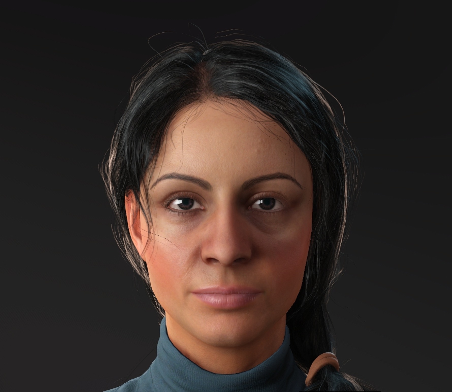 Close-up portrait of a woman with dark hair and neutral expression against a dark background.