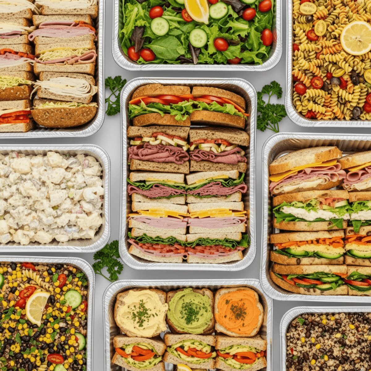 Assorted sandwiches, salads, and pasta dishes in containers, with fresh greens around them.