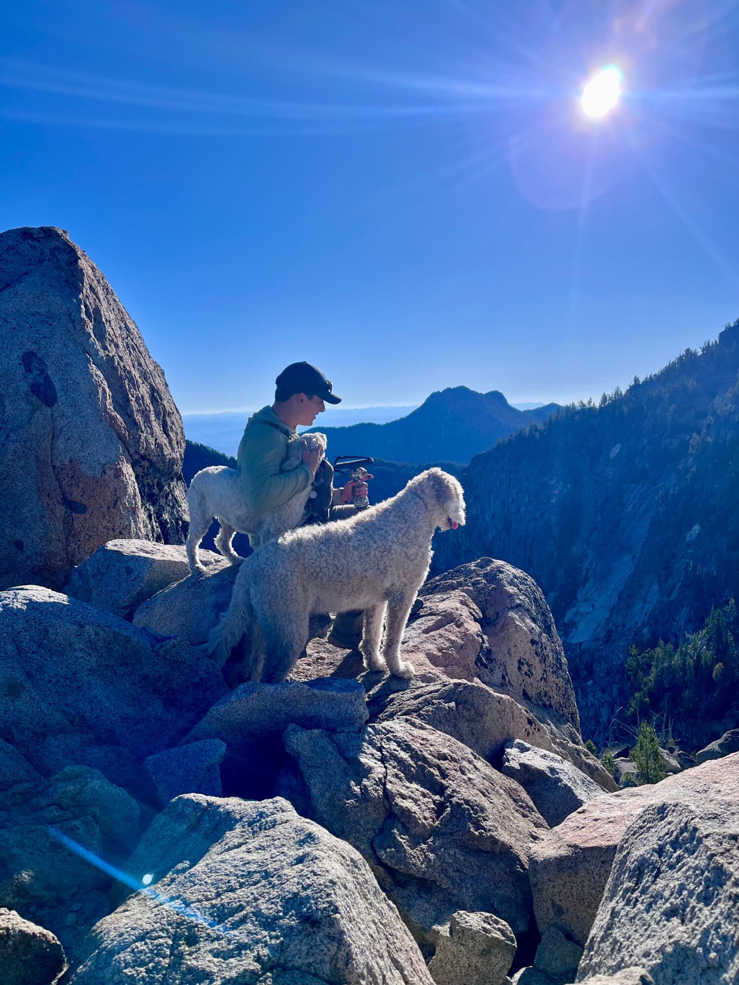 Person and dog sitting on rocks in mountain landscape under bright sun, blue sky, and distant peaks.