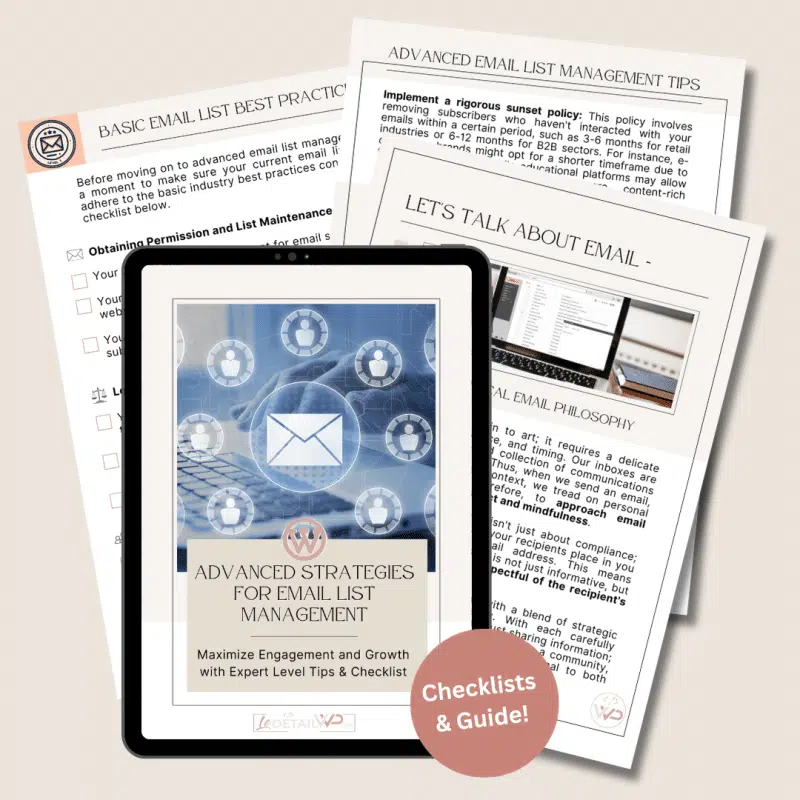 Stack of printed email management guides with a digital tablet displaying email icons and strategies, and a red circle with 'Checklists & Guide!'