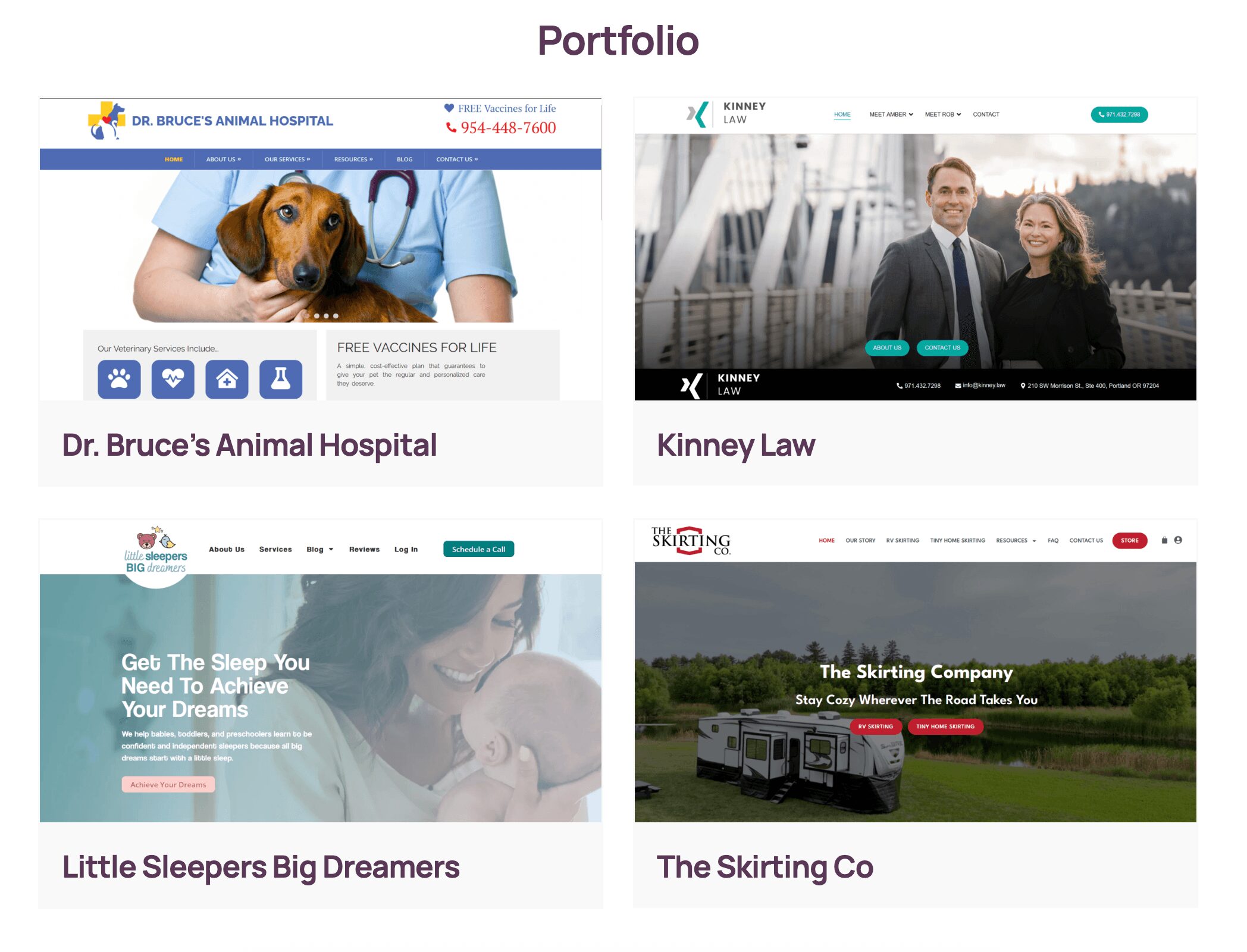 Four website thumbnails: animal hospital, law firm, sleep therapy, trucking company, with text and images.
