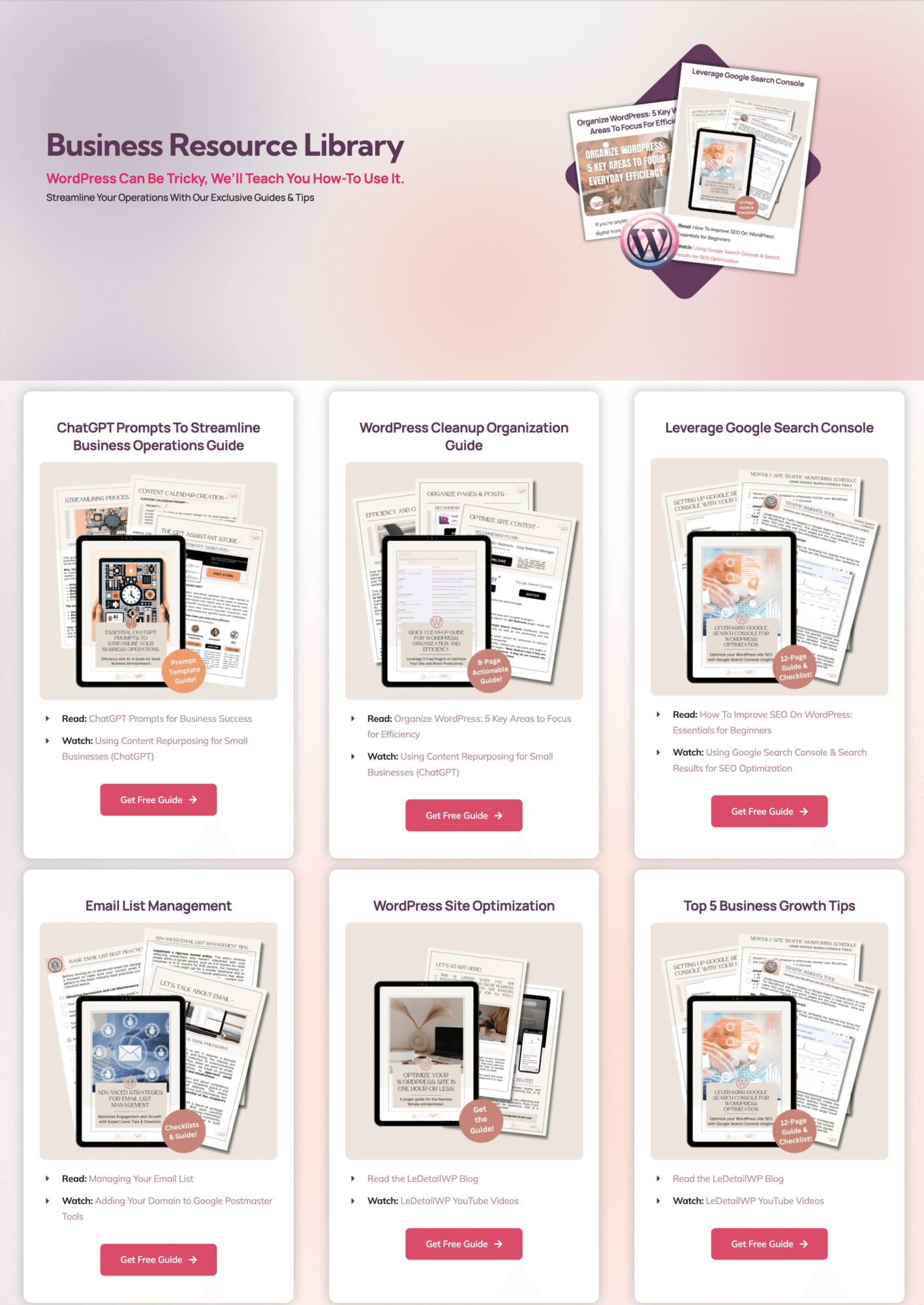 Collection of six business resource guides with documents and tablets, titled Business Resource Library, on a light background.