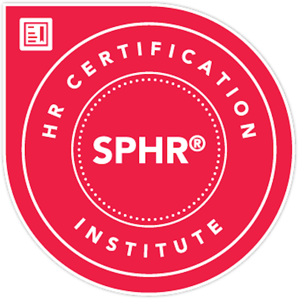 Red circular certification badge with white text and logo, indicating HR certification from the SPHR Institute.