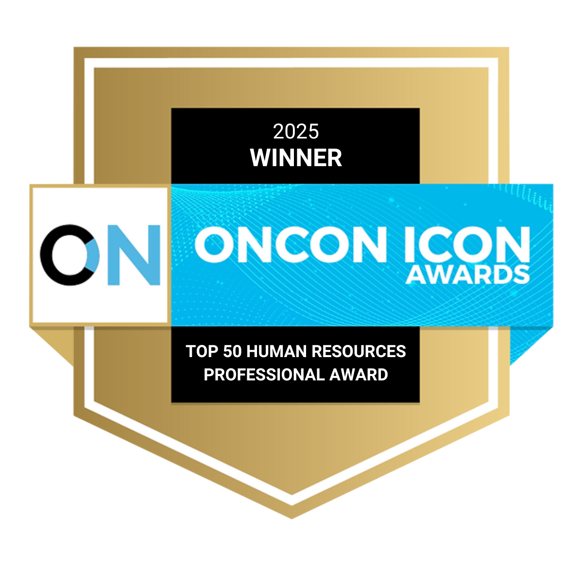 Award badge with text '2025 WINNER' and 'TOP 50 HUMAN RESOURCES PROFESSIONAL AWARD' on a black and gold shield background, with a blue banner reading 'ONCON ICON AWARDS'.