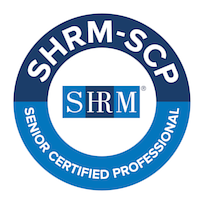 Circular logo with blue and white colors, featuring the text 'SHRM-SCP' and 'Senior Certified Professional'.