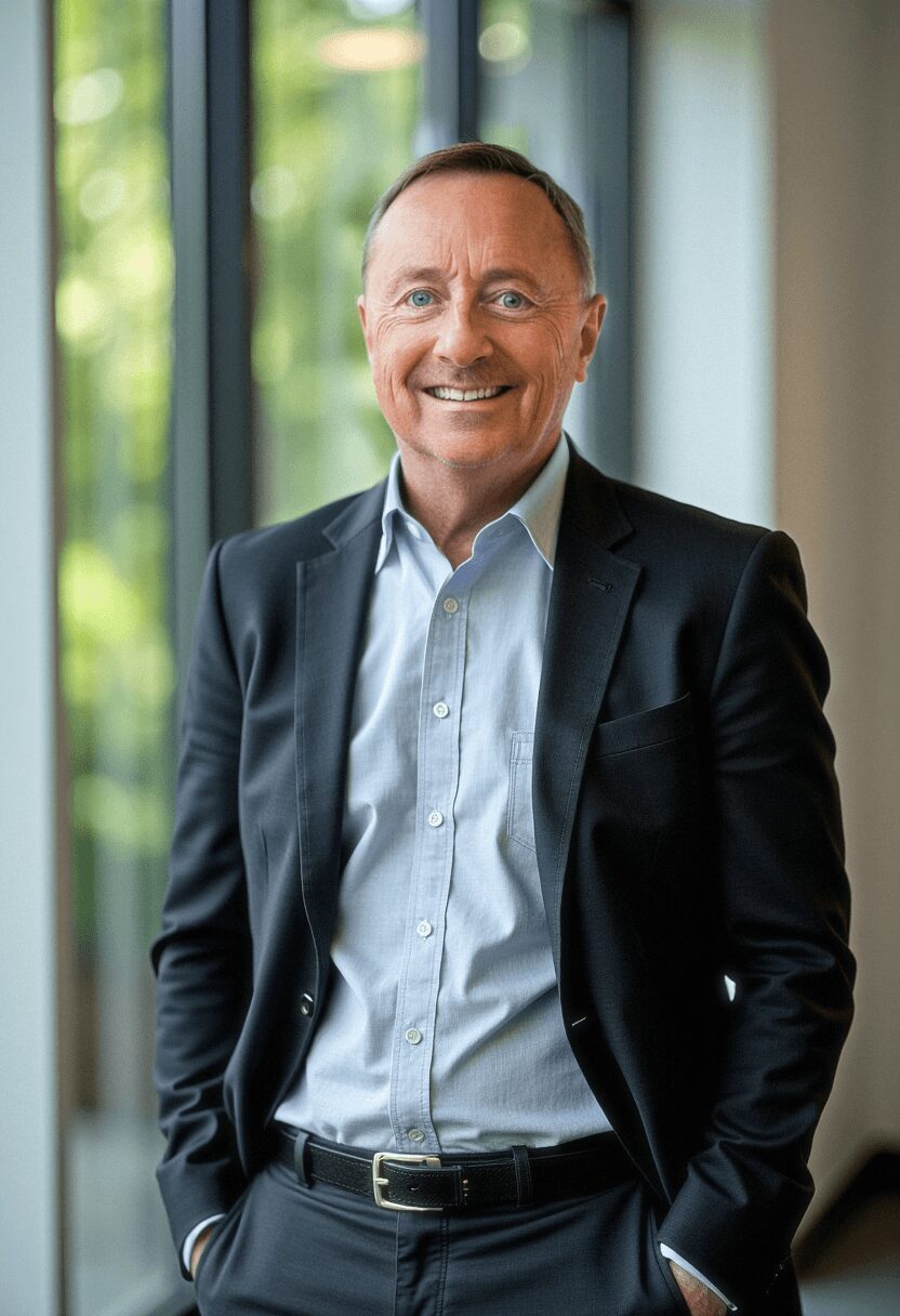 Man in a suit smiling indoors with large windows and greenery outside behind him.