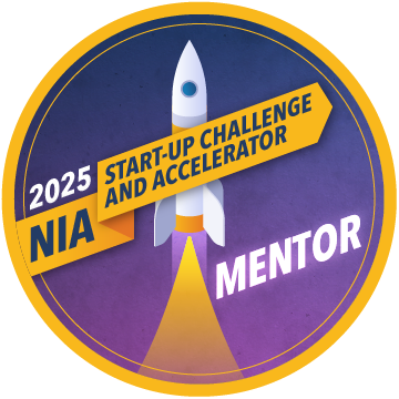 Circular badge with a rocket and text for a startup challenge and accelerator program, 2025, NIA mentor, purple background.