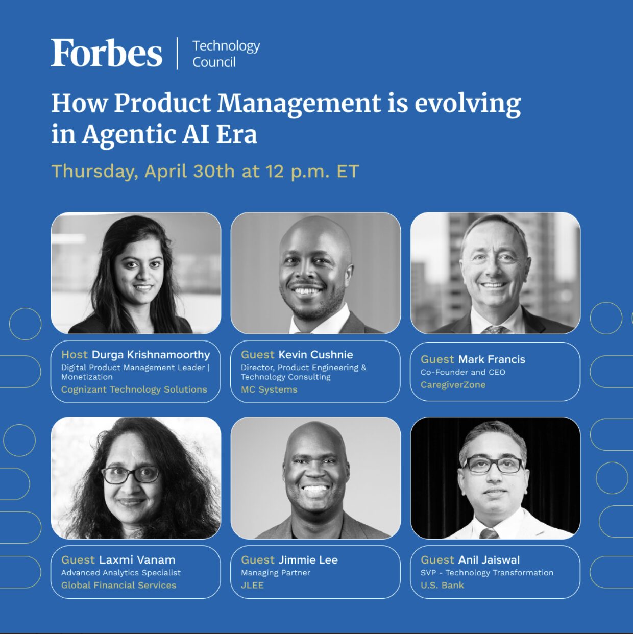 Blue background with white text, six black-and-white headshots of speakers, and event details for a Forbes AI webinar.