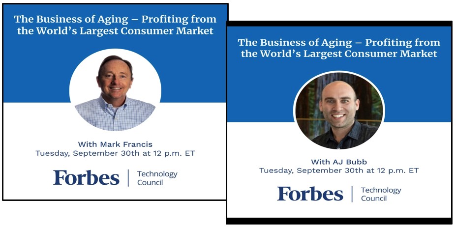 Two speakers, Mark Francis and AJ Bubb, are featured in promotional images for a Forbes event on aging, with blue backgrounds.