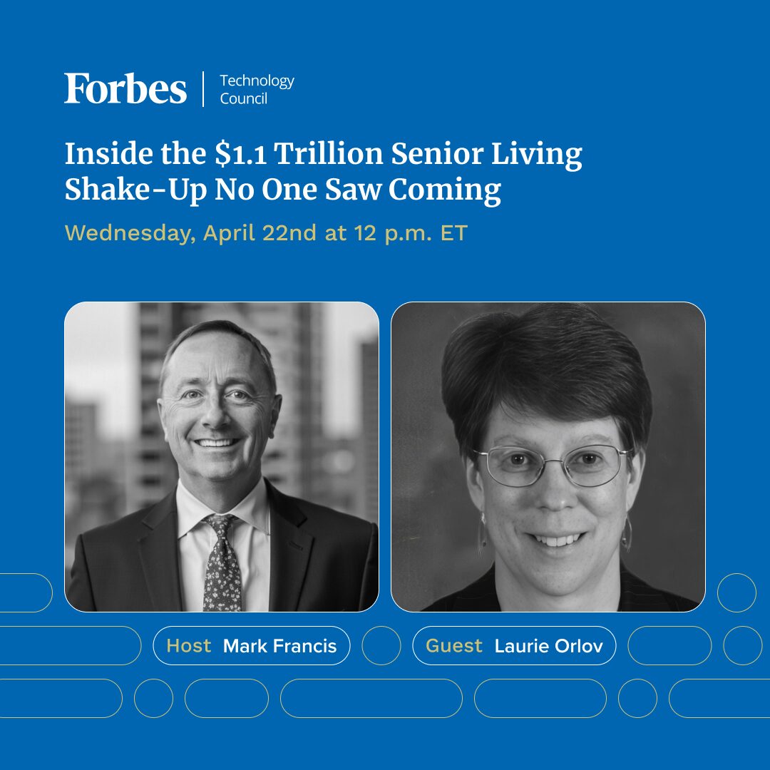 Promotional graphic for a Forbes event featuring two black-and-white headshots of a man and a woman, with event details and host names.