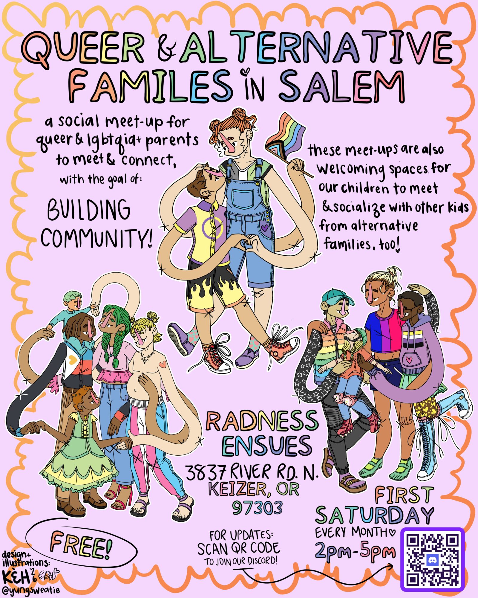 Group of diverse people with a person holding a rainbow flag, promoting a queer and alternative families event in Salem.