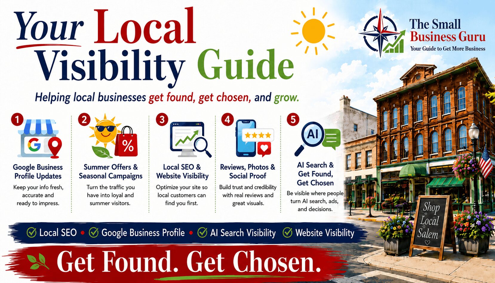 Cover of a local business visibility guide with colorful text, icons, and a building with a sidewalk sign, promoting local business growth.