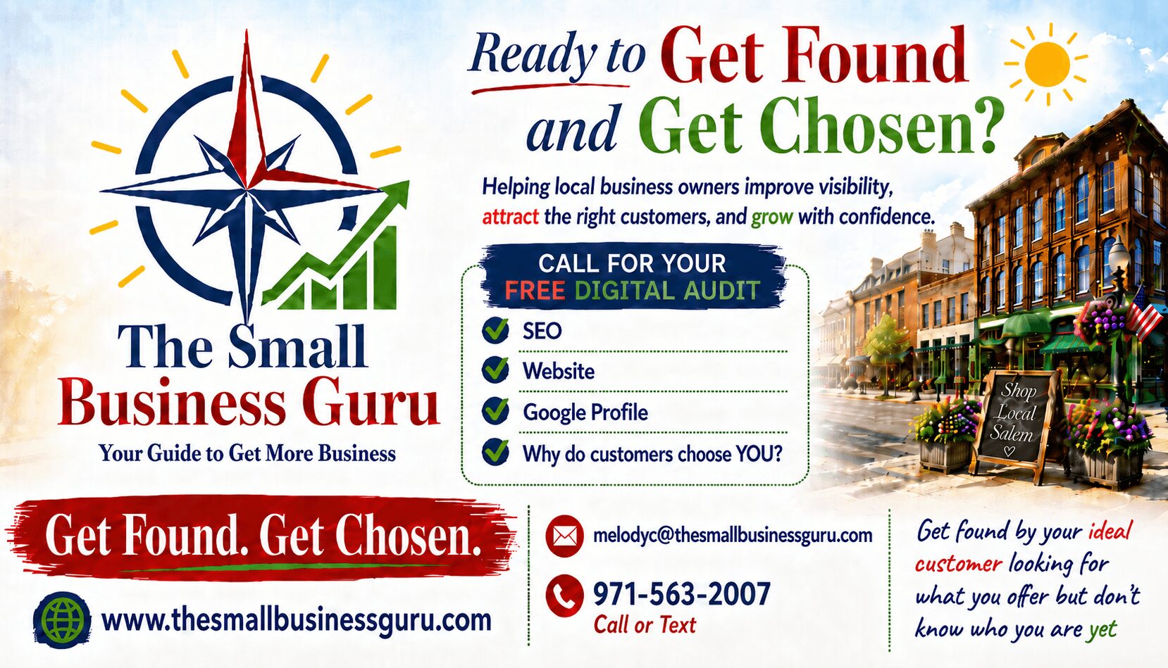 Business advertisement with logo, website, phone number, and a building, promoting business growth and digital services.