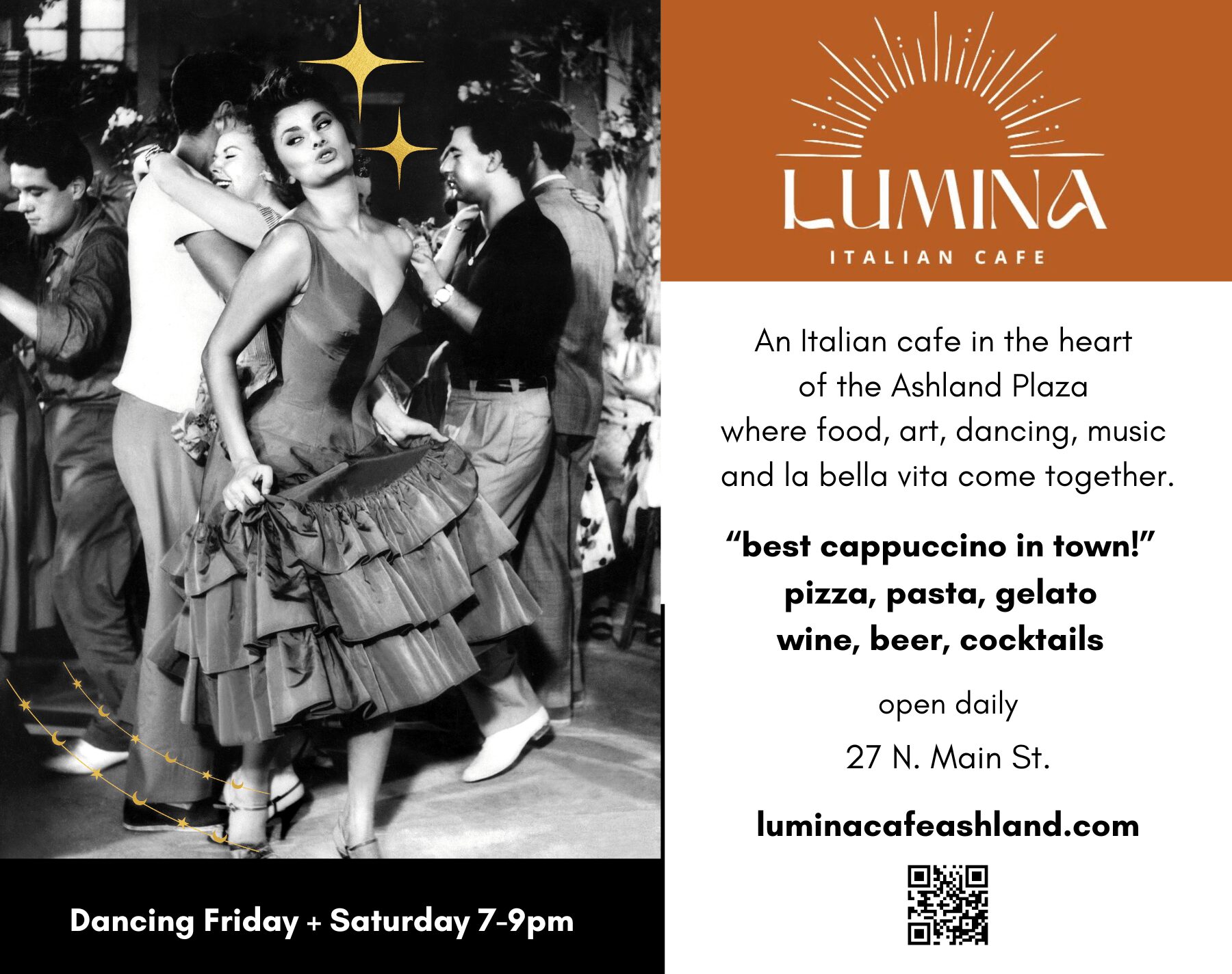 Black and white photo of a woman dancing in a ruffled dress with people around her, promoting Lumina Italian Cafe with event details.