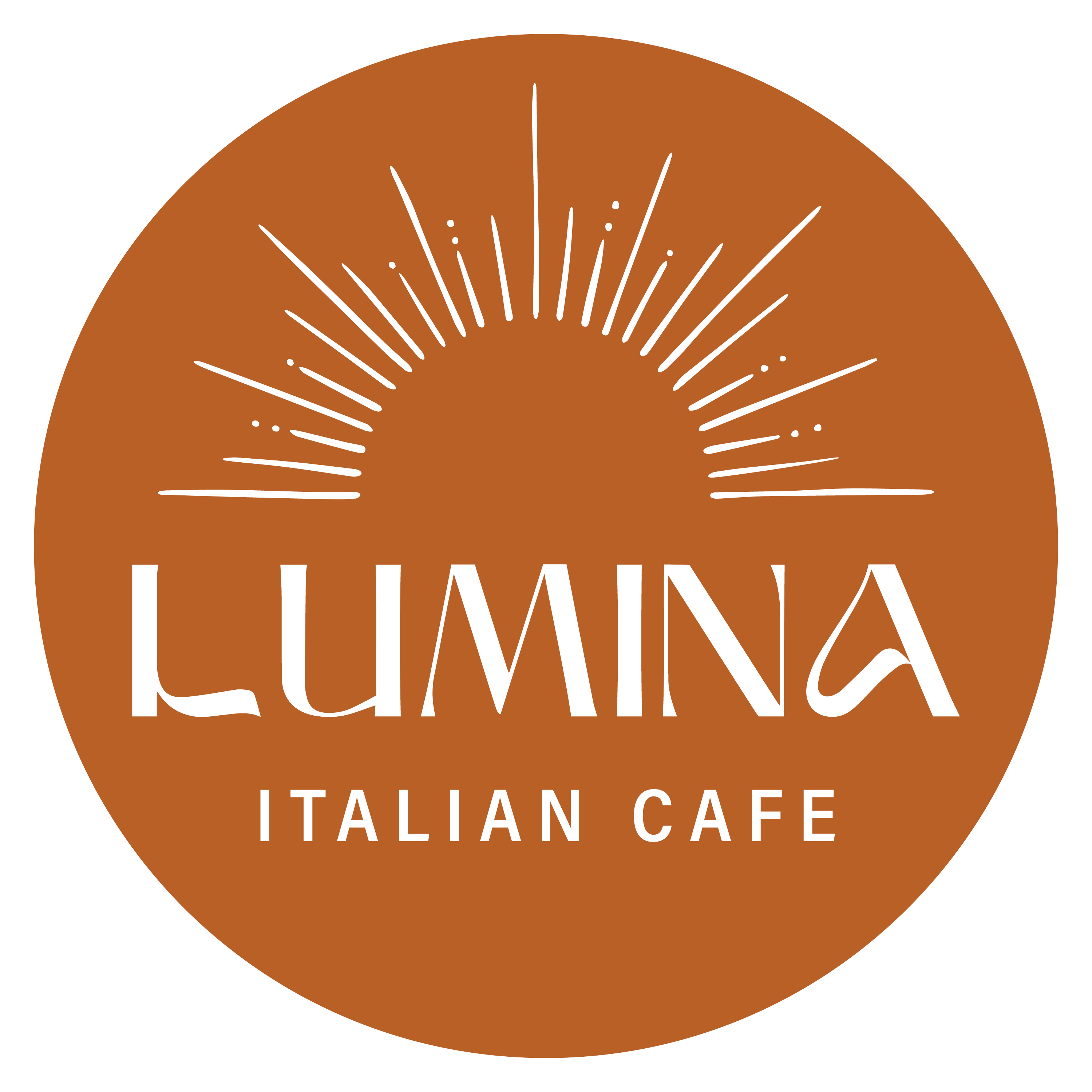 Logo with a sunburst design above the text 'LUMINA' and 'ITALIAN CAFE' on a brown background.