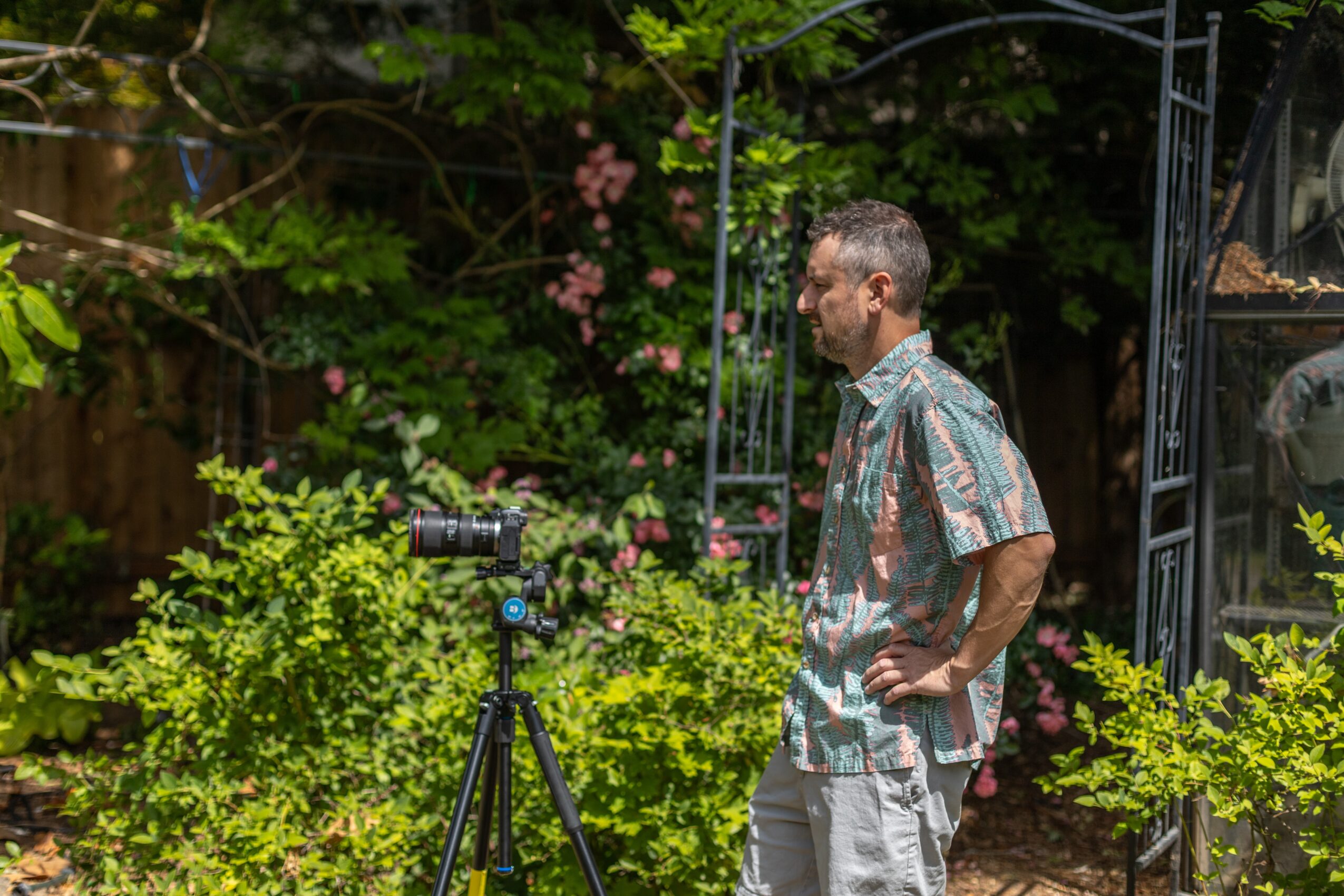 Man standing outdoors near a camera on a tripod, surrounded by green plants and flowers.