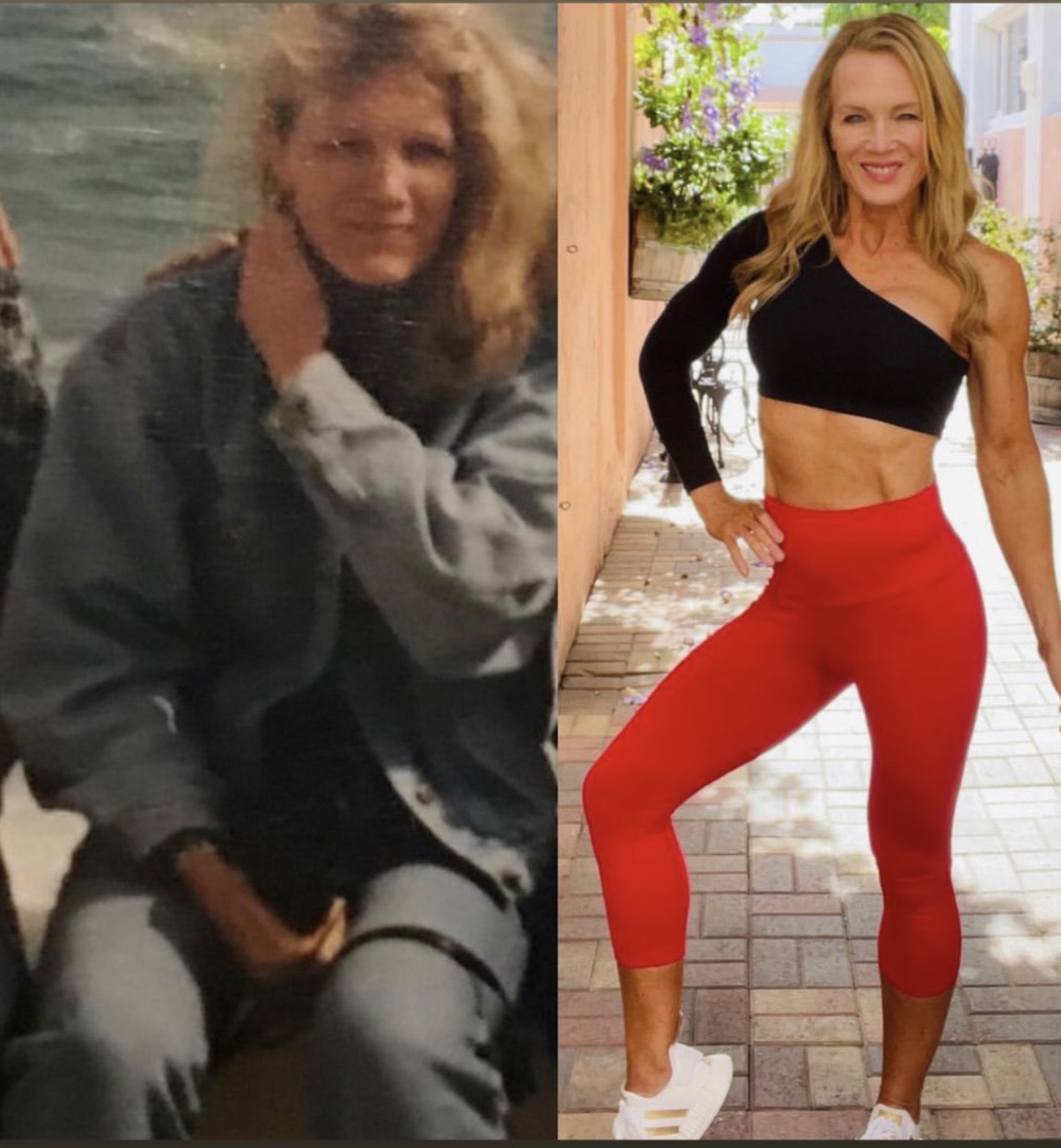 Side-by-side photos of a woman, one older and one more recent, smiling and posing outdoors in athletic clothing.