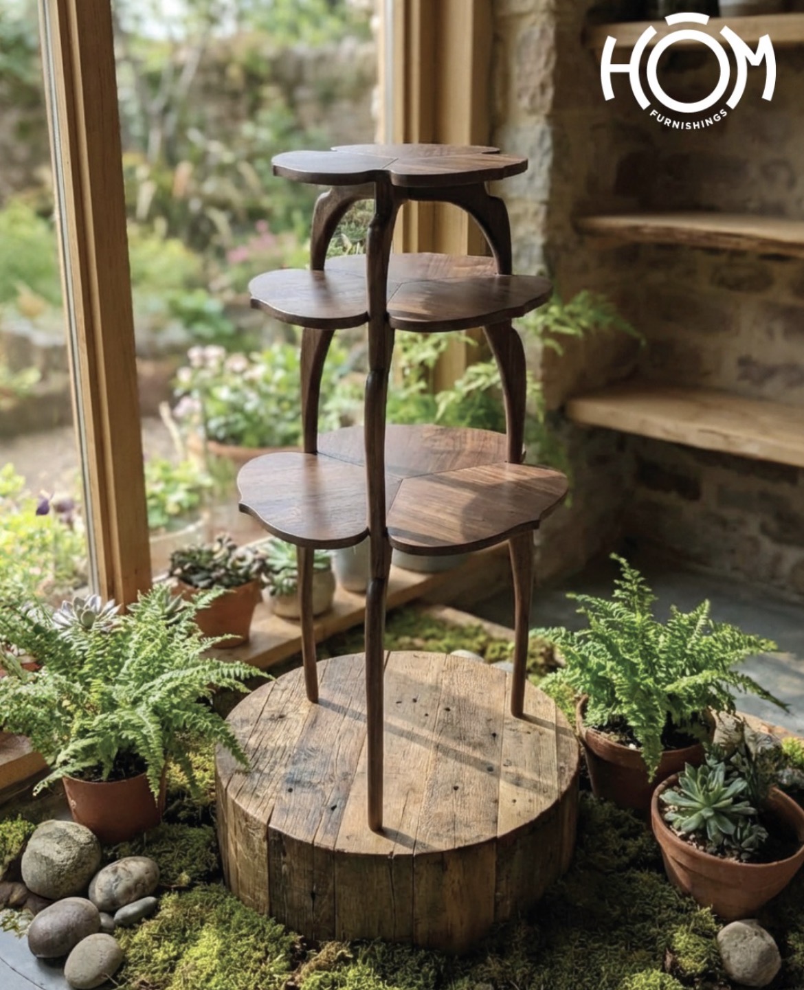 Wooden plant stand with three shelves, placed on a tree stump near a window with plants outside.