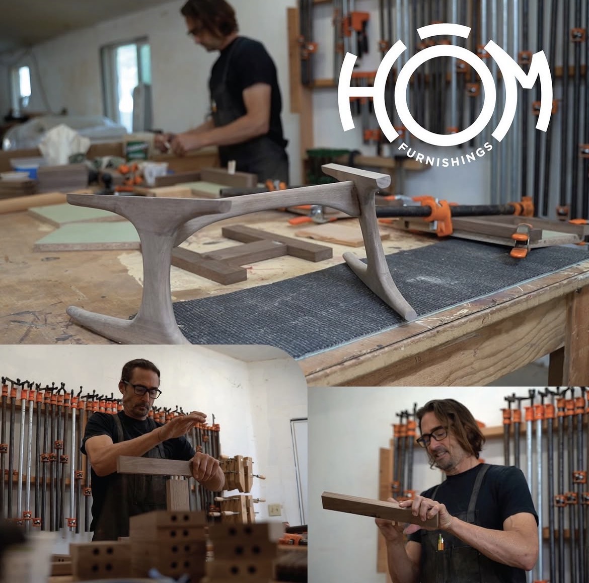 Woodworking workshop with a person working on a piece of wood, a wooden chair, and two people examining wood pieces.
