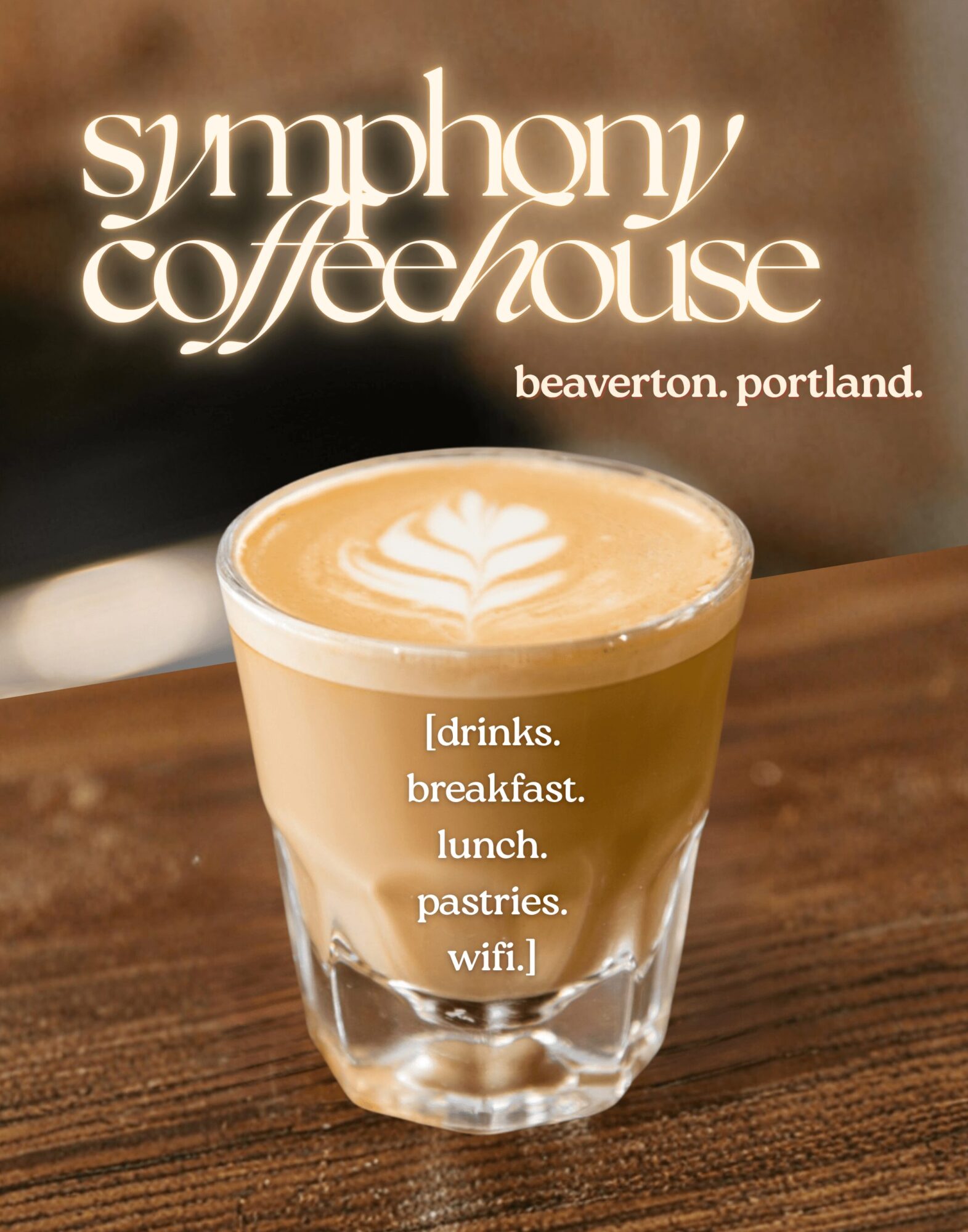 A latte with latte art in a glass on a wooden table, with text about a coffee house in Portland.