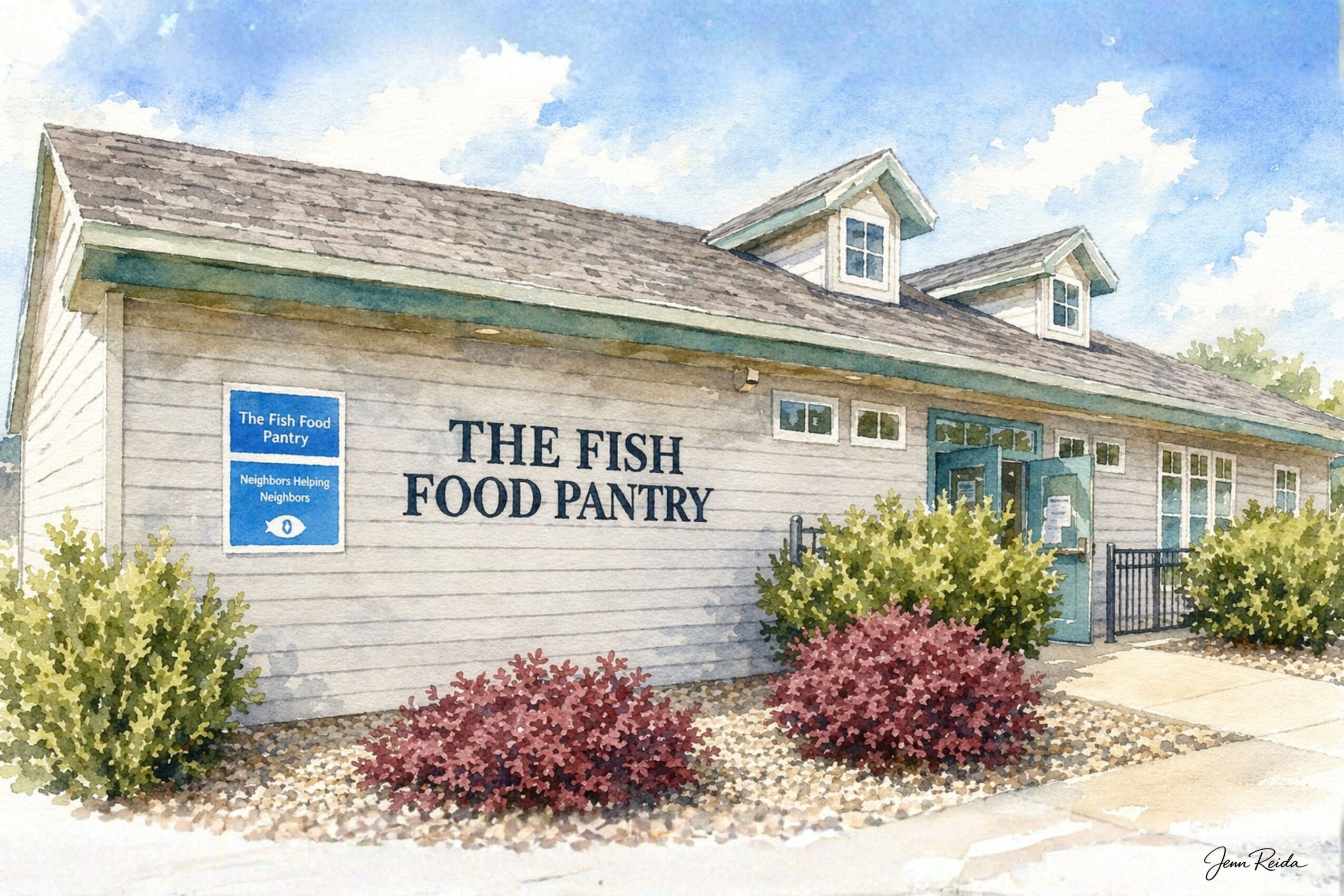 Building with sign reading 'The Fish Food Pantry' surrounded by bushes and a sidewalk, under a partly cloudy sky.