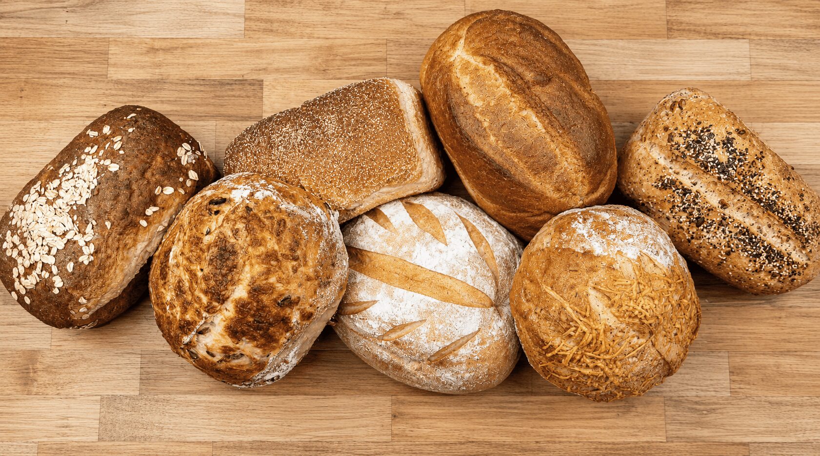 Nine different types of bread arranged on a wooden surface, varying in shape, size, and crust texture.