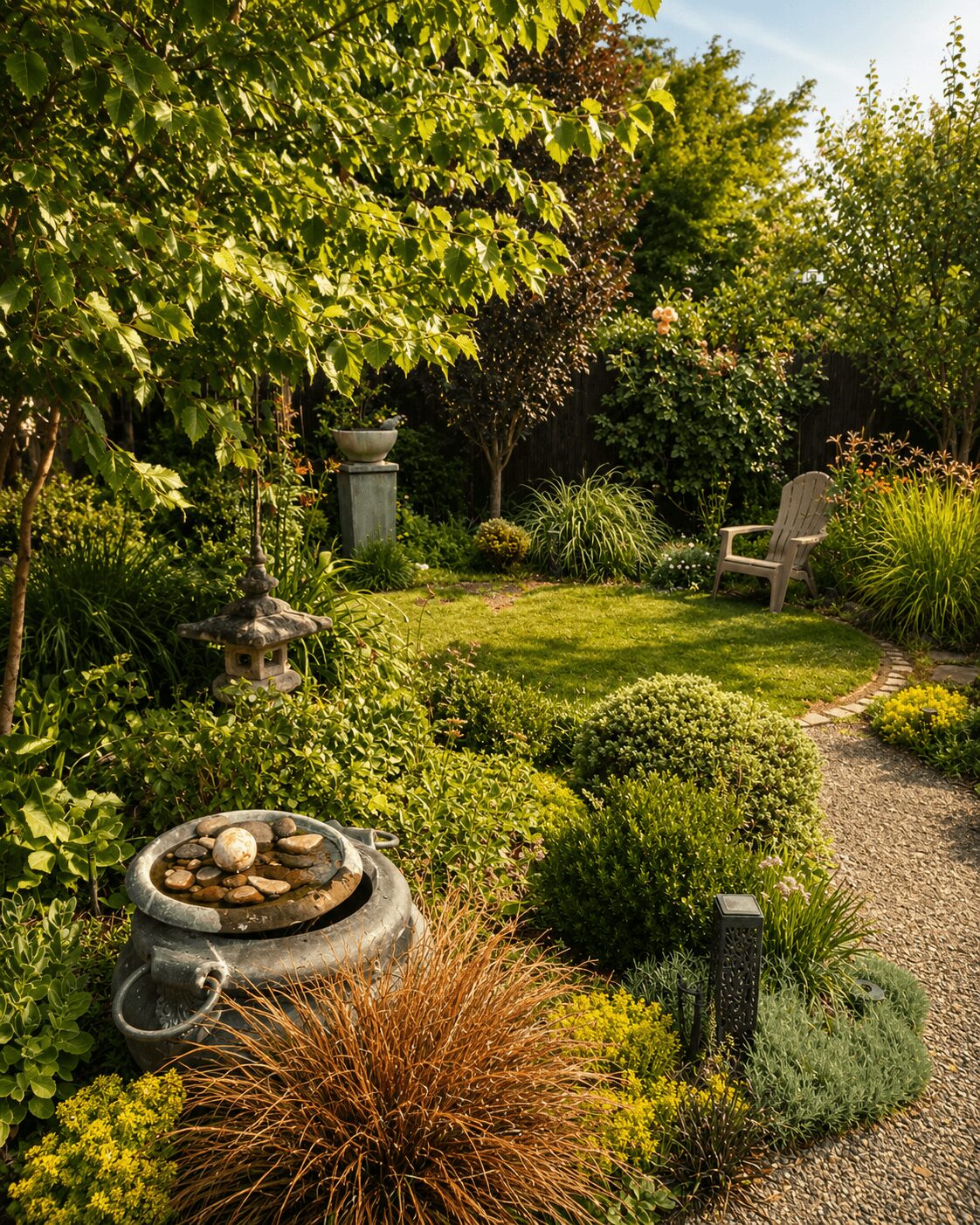 Lush garden with trees, bushes, a bench, and a stone pathway, surrounded by various plants and greenery.