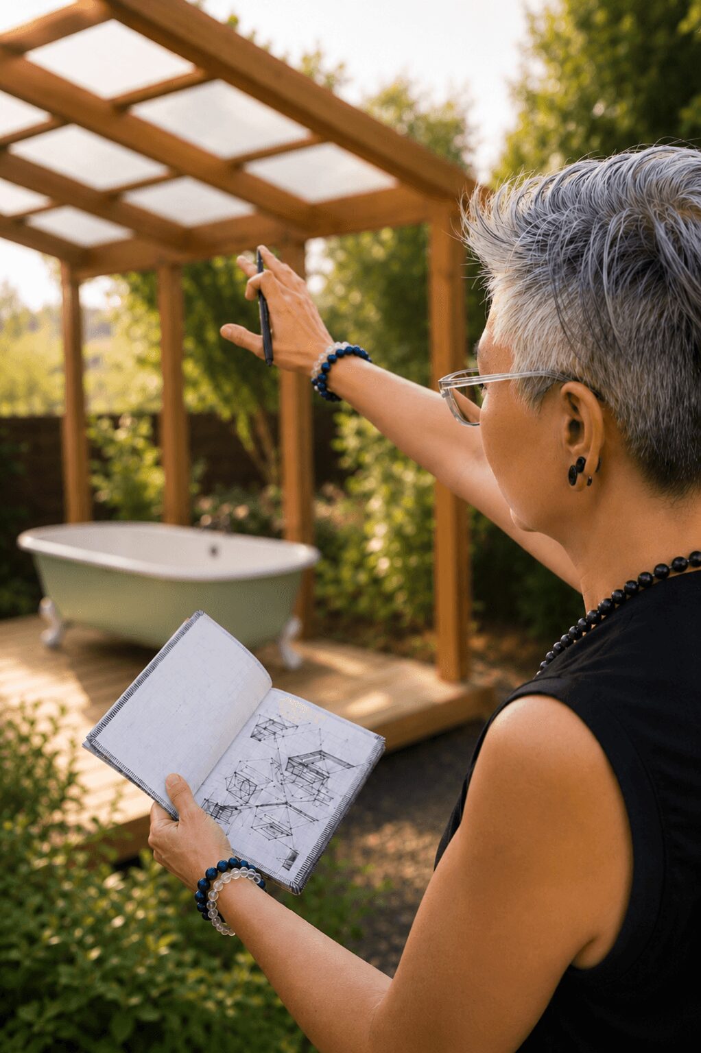Person with short gray hair and glasses holding a sketchbook outdoors, pointing at a wooden structure with a bathtub nearby.