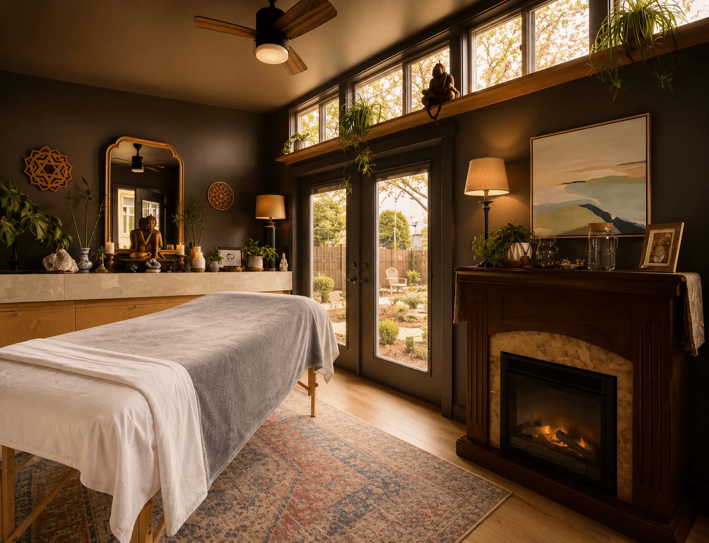 Room with massage table, fireplace, large windows, and decorative plants, sunlight streaming in, cozy and inviting atmosphere.