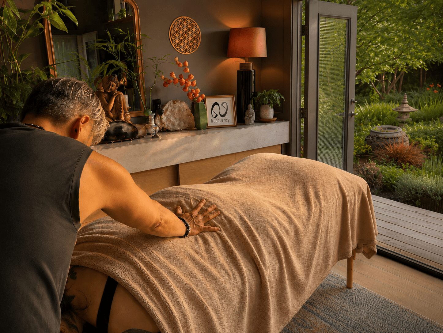 Person receiving massage in a cozy room with a view of a garden outside, warm lighting, and decorative items on a shelf.