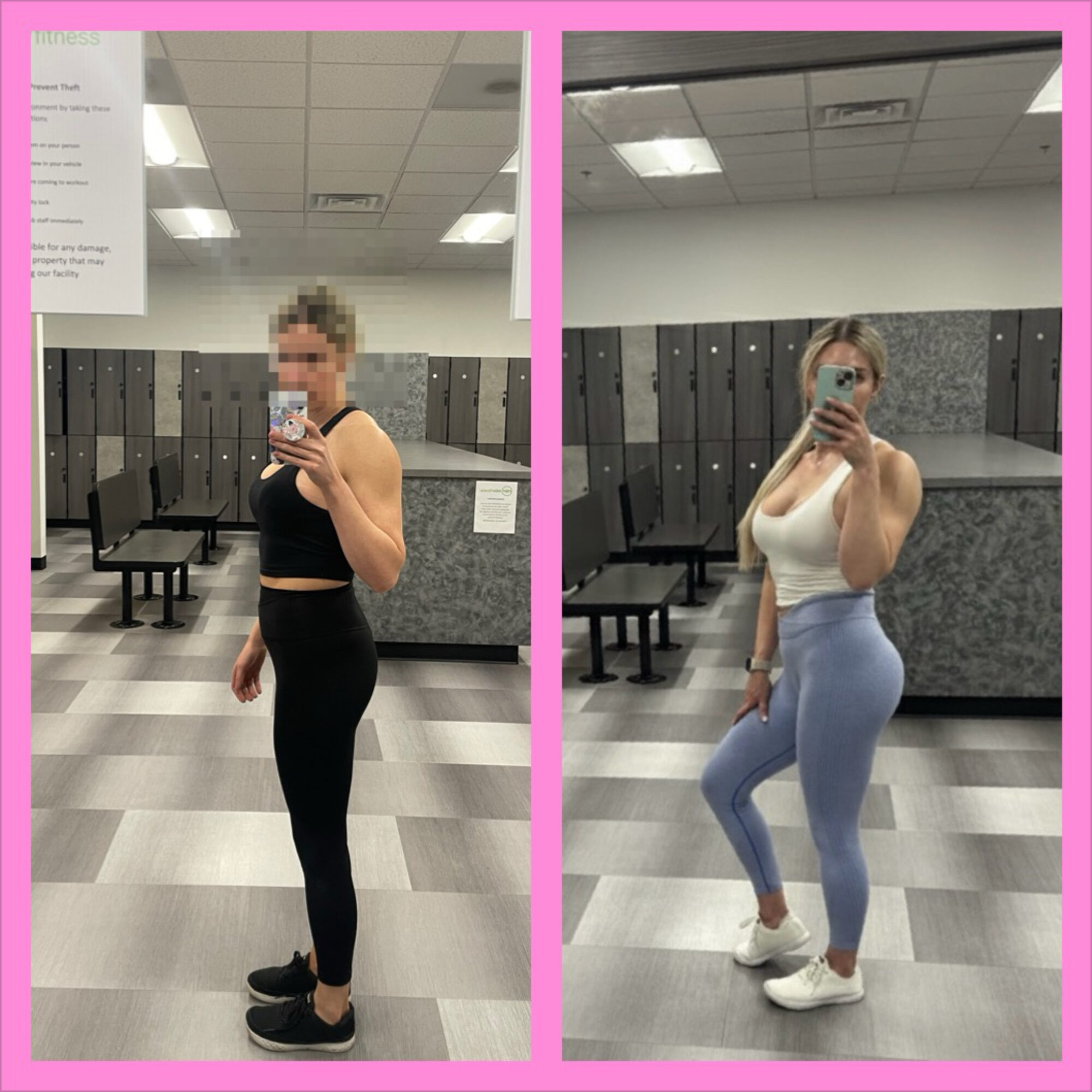 Two women taking mirror selfies in a locker room, one in black workout clothes, the other in white top and light blue leggings.