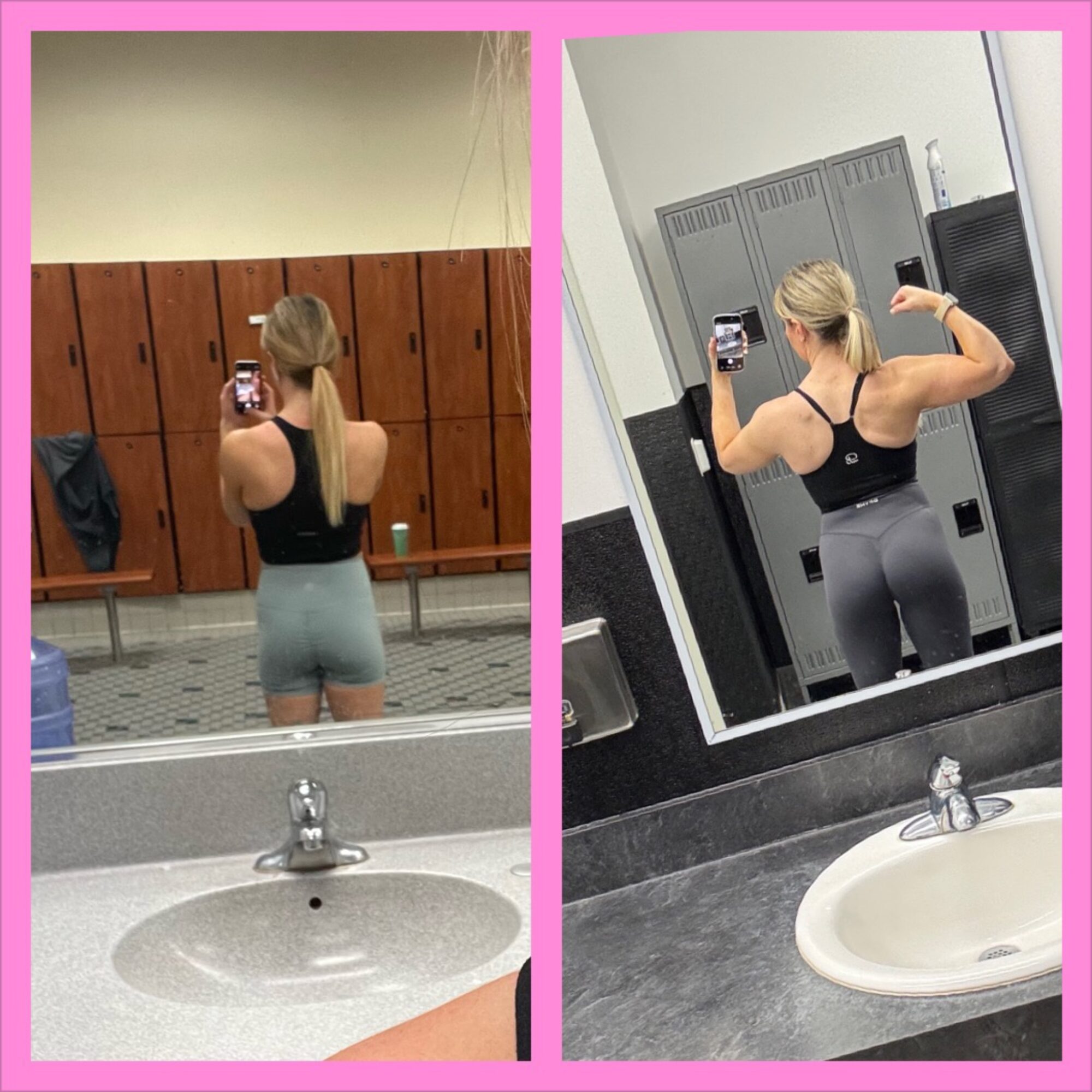 Side-by-side mirror selfies of a woman flexing her arm muscles in a gym locker room, wearing a black sports bra and gray leggings.
