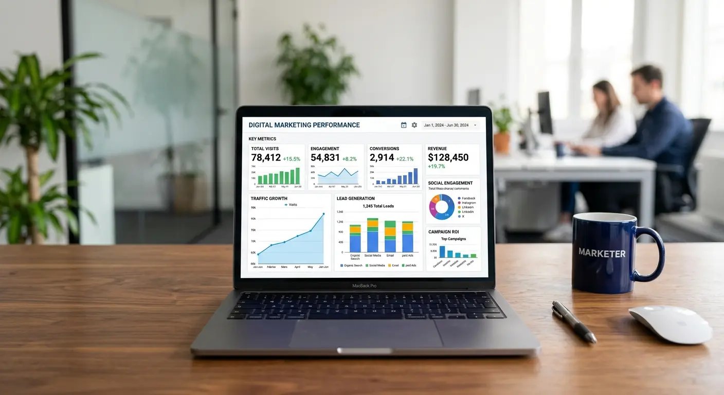 Laptop displaying charts and graphs on a wooden table in a bright office, with people working in the background.