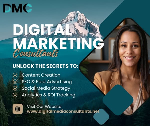 A woman smiling, mountain background, text about digital marketing consultants, website URL included.