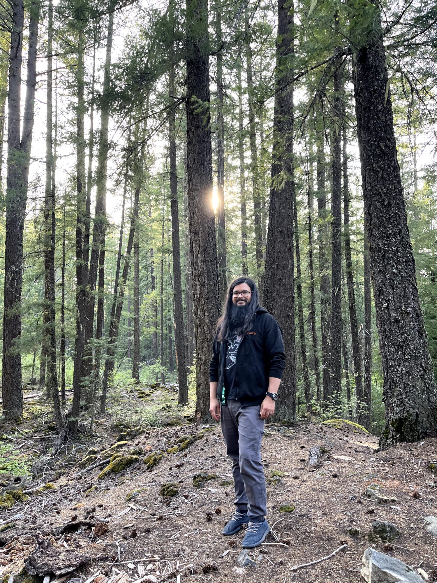 Person standing in a forest with tall trees and sunlight filtering through, wearing a dark jacket and jeans.