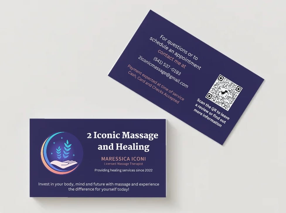 Business card for massage and healing services with contact info and QR code, placed on a white surface.