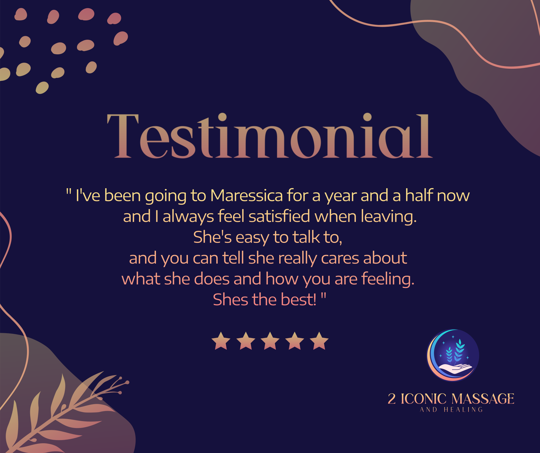 Testimonial quote about a positive massage experience, with a logo and decorative elements on a dark background.