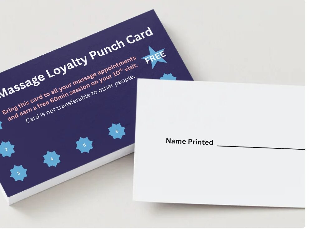 Loyalty punch card with blue and white design, partially visible, and a blank card with a line for a name.